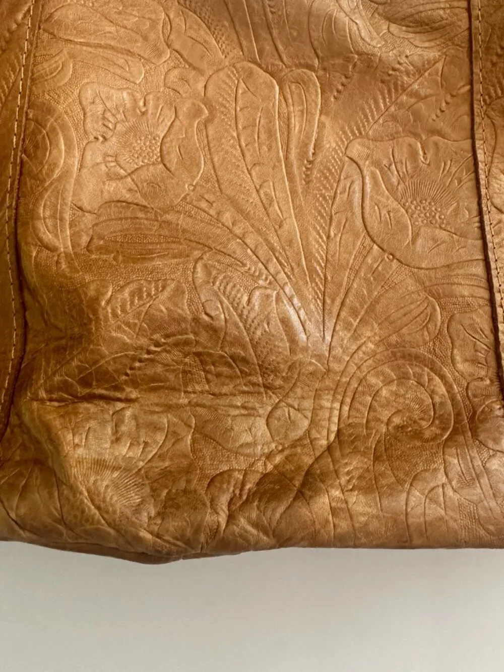 American Leather Co Hobo Bag Tan Genuine Leather Shoulder Purse Floral Boho
